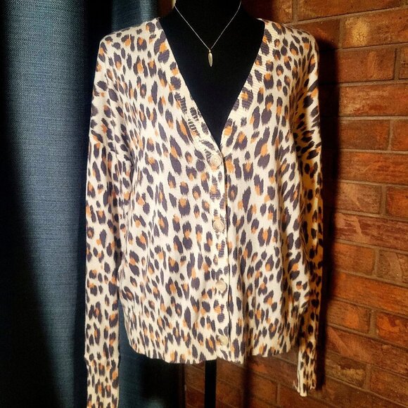 LOFT Leopard Long Sleeve Drop Shoulder Cardigan Open V-Neck Button Down - Size S - Picture 1 of 9